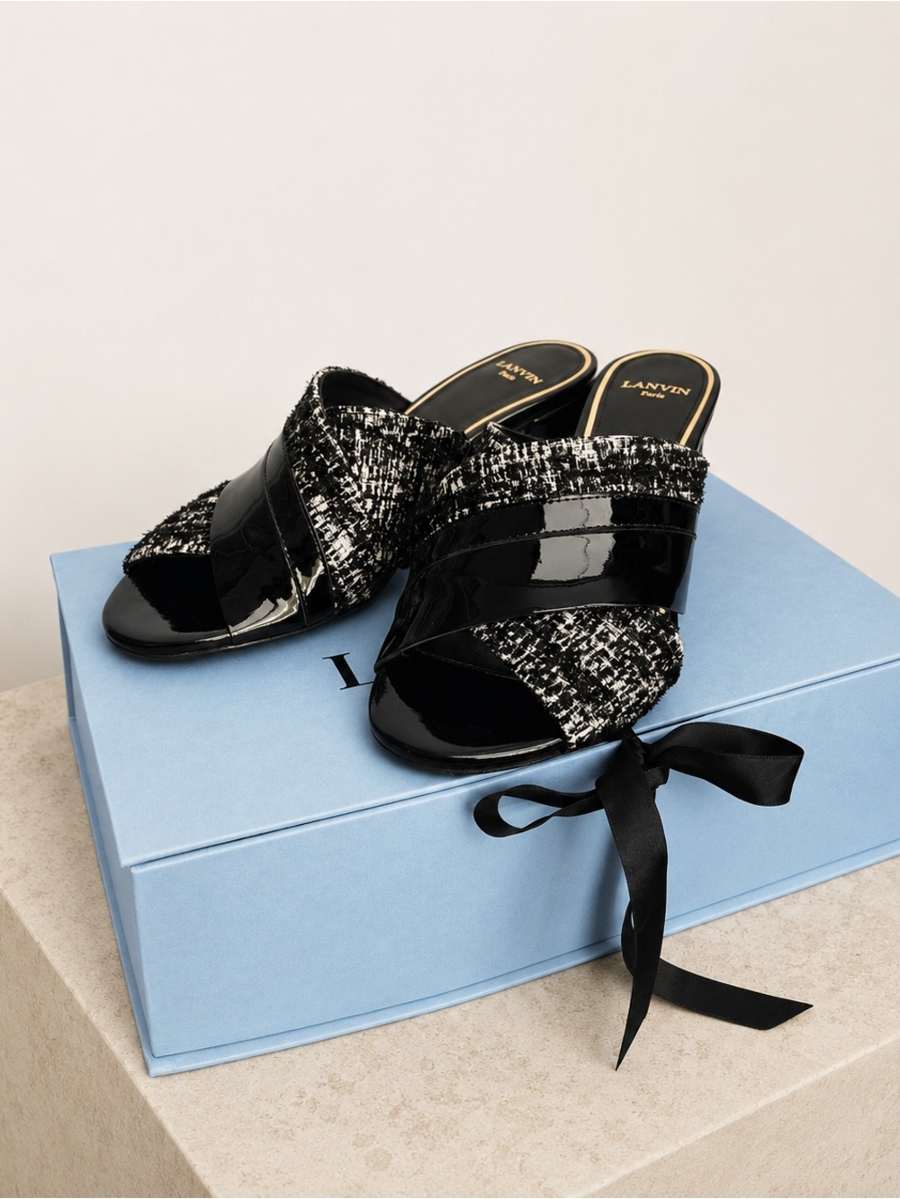 Lanvin Black Tweed & Patent Leather Crisscross Slide Mules